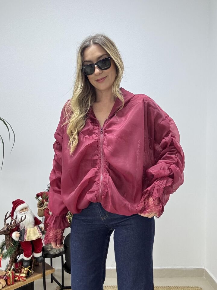 İTHAL KAPÜŞONLU DANTELLİ BOMBER CEKET Bordo - STD