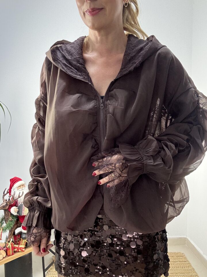 İTHAL KAPÜŞONLU DANTELLİ BOMBER CEKET Kahverengi - STD