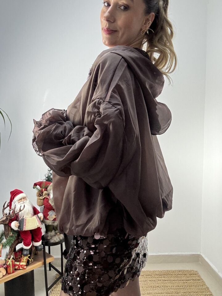 İTHAL KAPÜŞONLU DANTELLİ BOMBER CEKET Kahverengi - STD