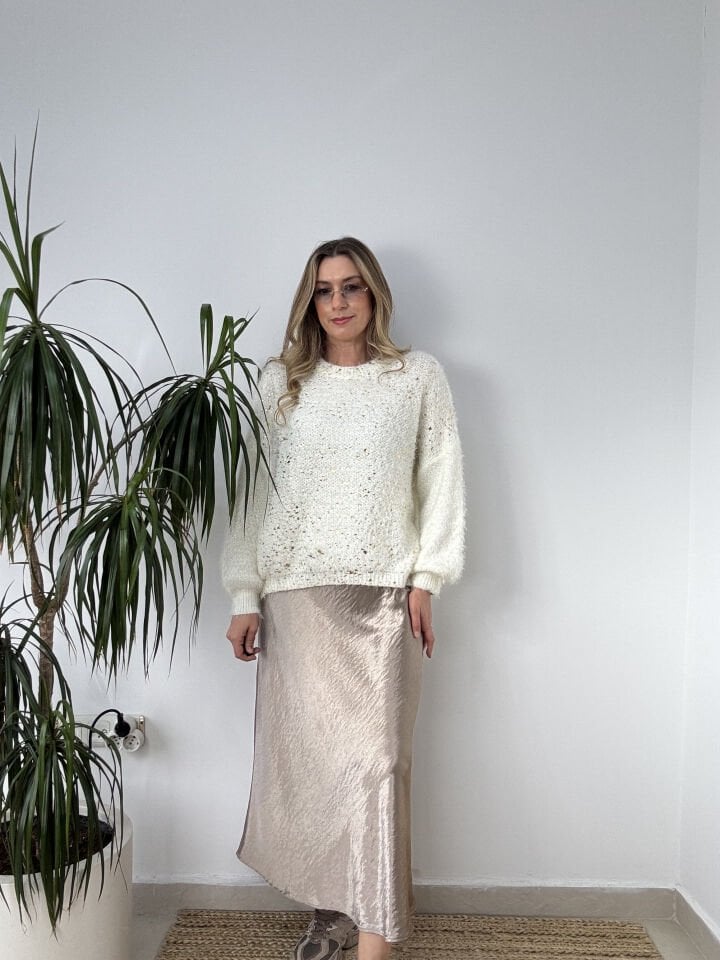 İTHAL BELİ LASTİKLİ SATEN ETEK KREM / M