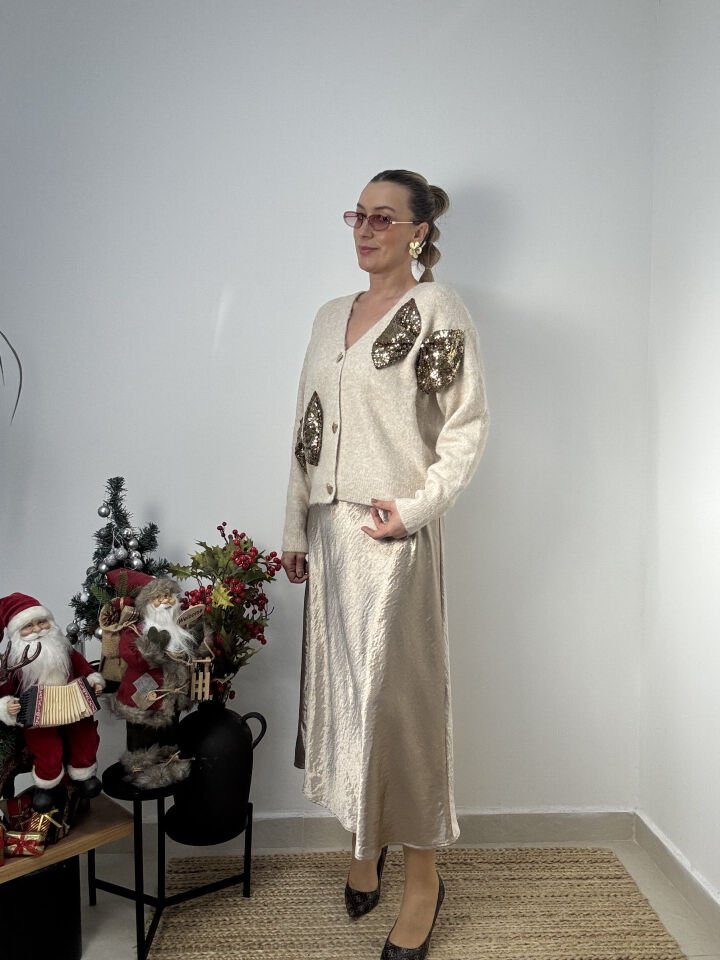 İTHAL PAYET KURDELELİ YÜN HIRKA BEJ / STD