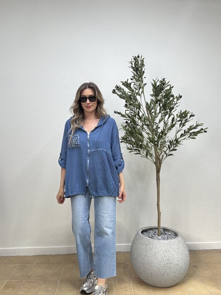 İTHAL PUL DETAYLI FİLELİ KAPUŞONLU PAMUKLU CEKET 25121 STD - Mavi