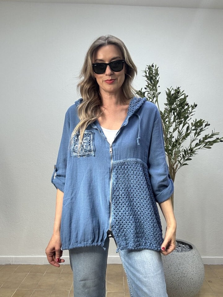 İTHAL PUL DETAYLI FİLELİ KAPUŞONLU PAMUKLU CEKET 25121 STD - Mavi