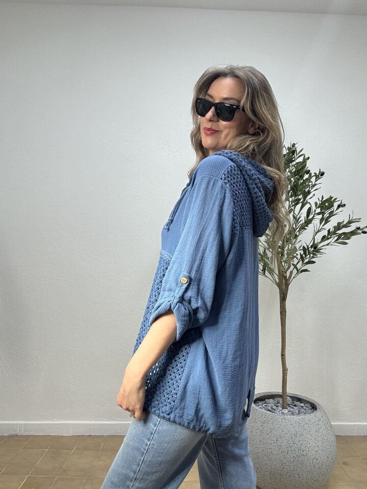 İTHAL PUL DETAYLI FİLELİ KAPUŞONLU PAMUKLU CEKET 25121 STD - Mavi