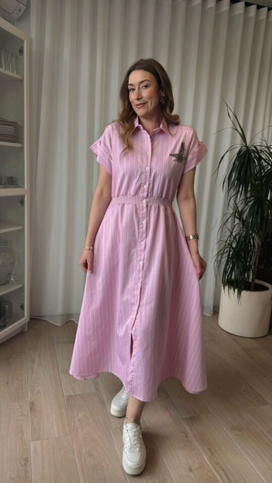 KISA KOLLU KUŞ İŞLEMELİ ELBİSE Pembe - S