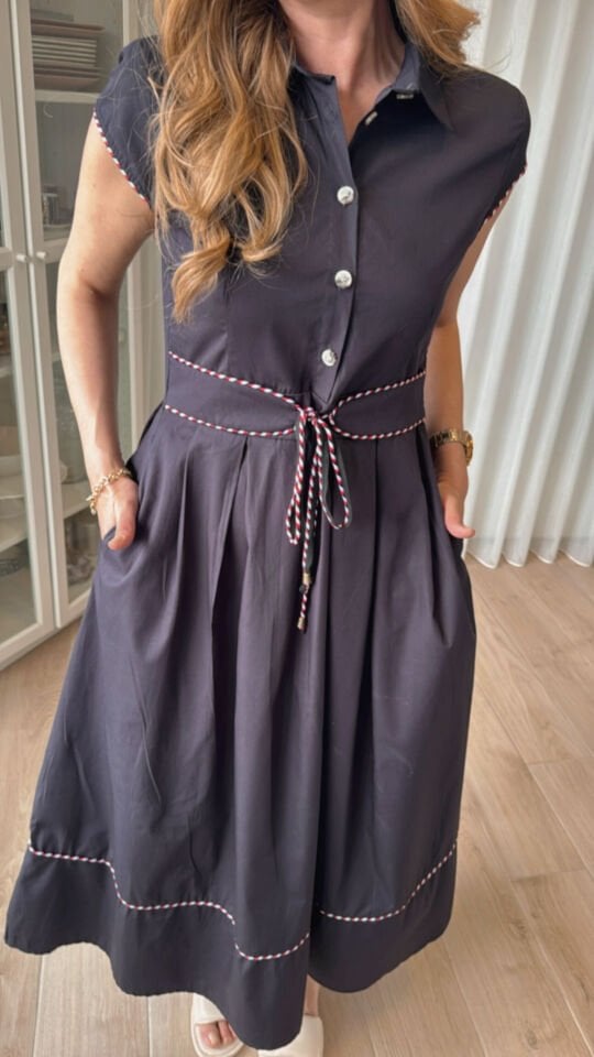 KISA KOLLU BELİ KORSE KEMERLİ UZUN ELBİSE Lacivert - XL