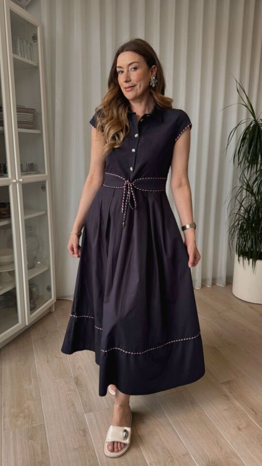 KISA KOLLU BELİ KORSE KEMERLİ UZUN ELBİSE Lacivert - XL