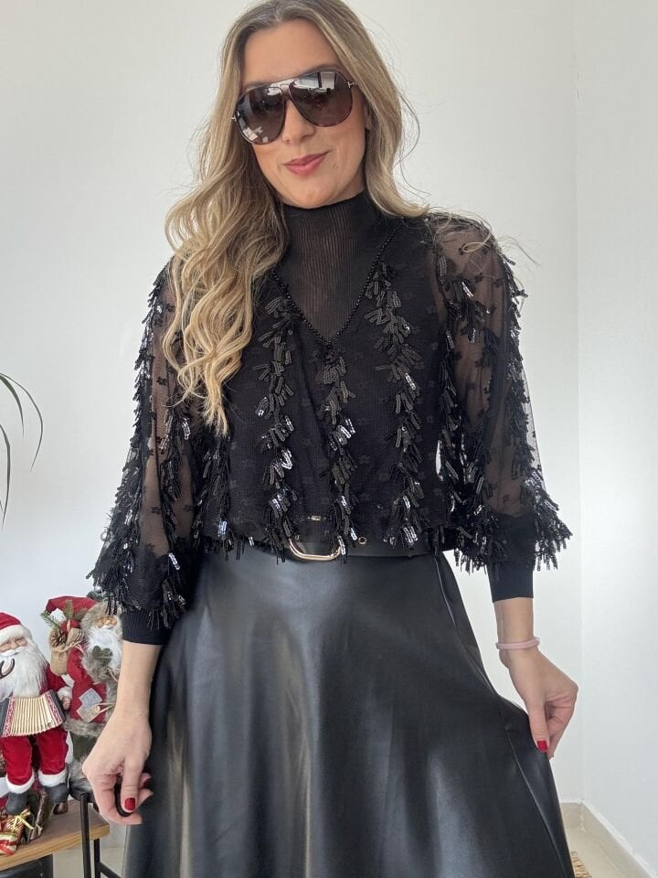 PÜSKÜL PAYETLİ BLUZ İTHAL SİYAH / STD