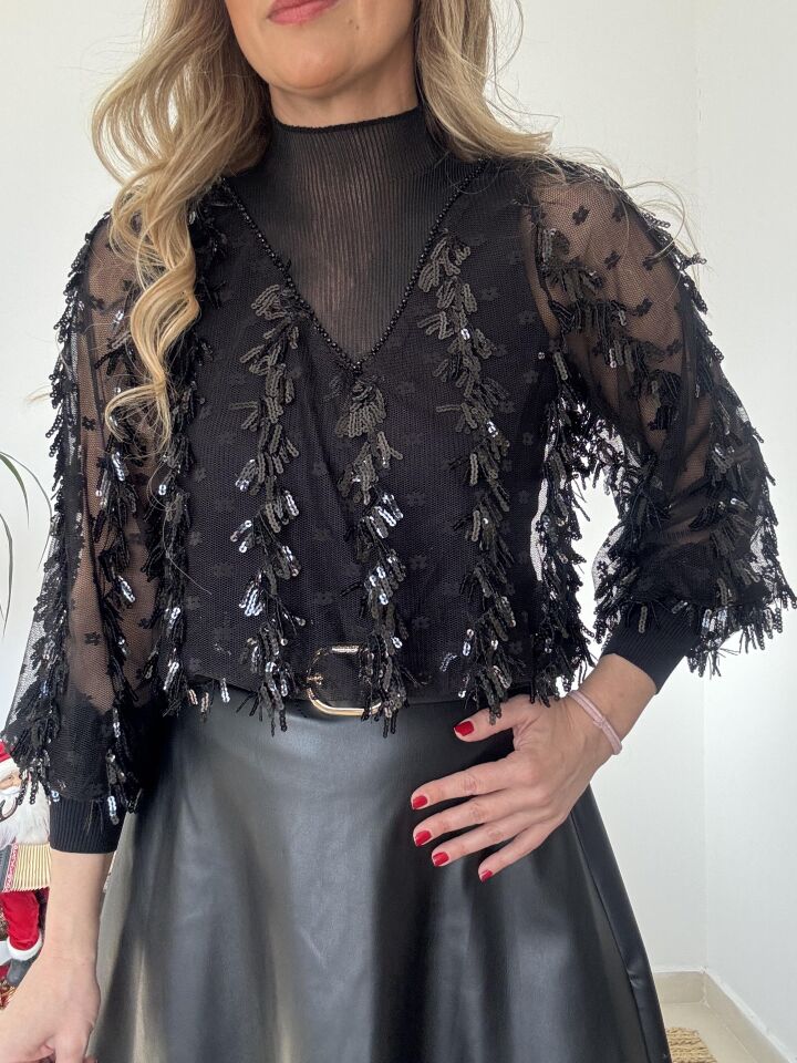 PÜSKÜL PAYETLİ BLUZ İTHAL SİYAH / STD