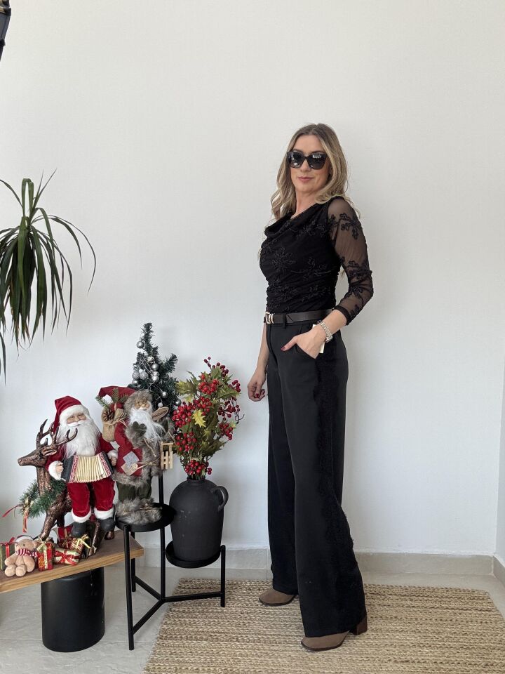 İTHAL YANLARI DANTEL PALAZZO PANTOLON SİYAH / STD