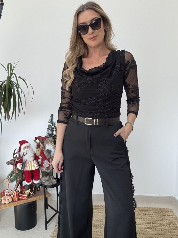 İTHAL YANLARI DANTEL PALAZZO PANTOLON SİYAH / STD