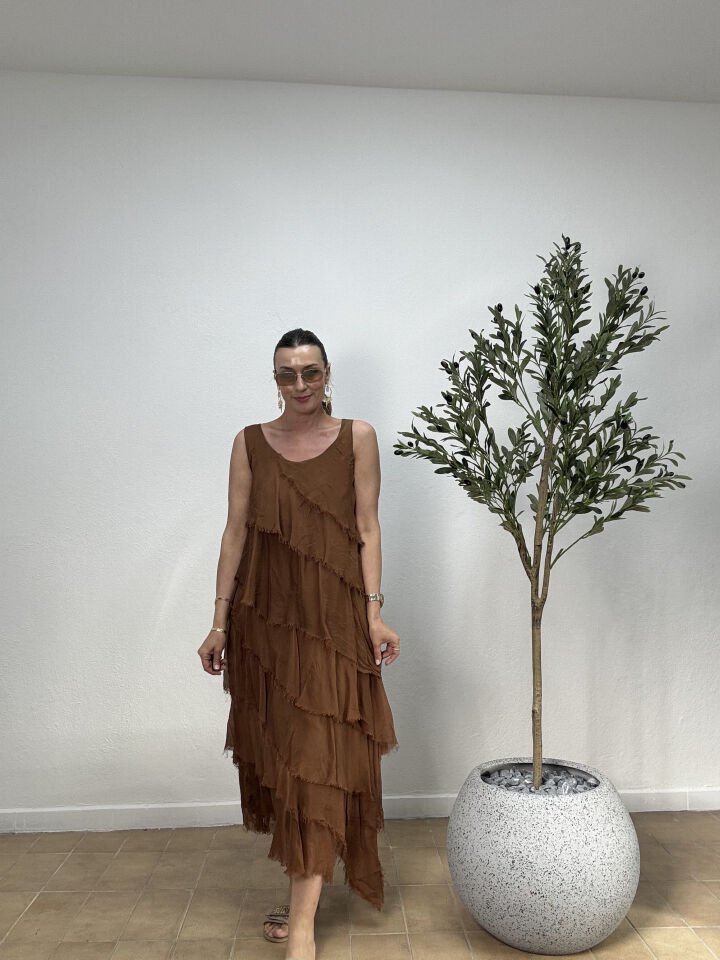 İTHAL SAÇAK DETAYLI ASİMETRİK KESİM KAT KAT SIFIR KOL İPEK ELBİSE 67337 STD - Tarçın