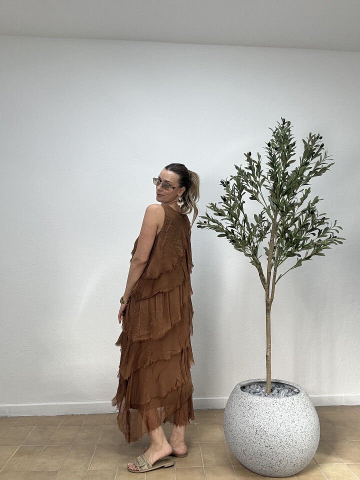 İTHAL SAÇAK DETAYLI ASİMETRİK KESİM KAT KAT SIFIR KOL İPEK ELBİSE 67337 STD - Tarçın