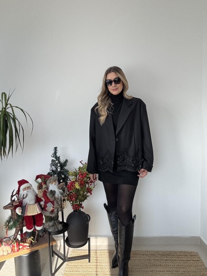 İTHAL SİMLİ PUL PAYETLİ CEKET SİYAH / STD