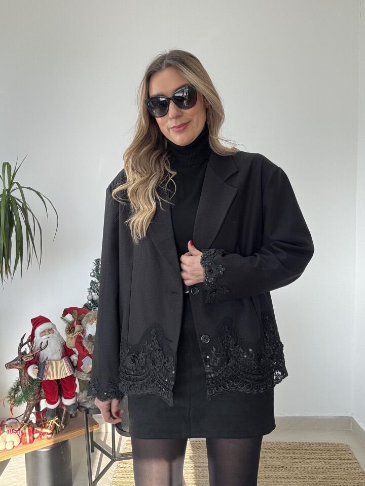 İTHAL SİMLİ PUL PAYETLİ CEKET SİYAH / STD