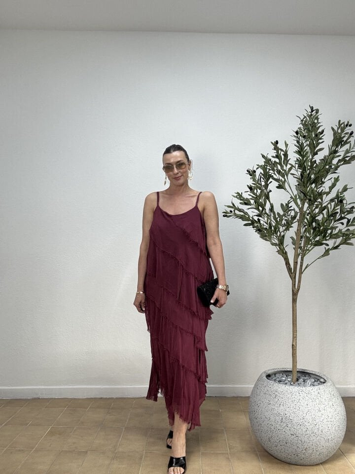 İTHAL SAÇAK DETAYLI ASİMETRİK KESİM KAT KAT ASKILI İPEK ELBİSE 67340 STD - Bordo