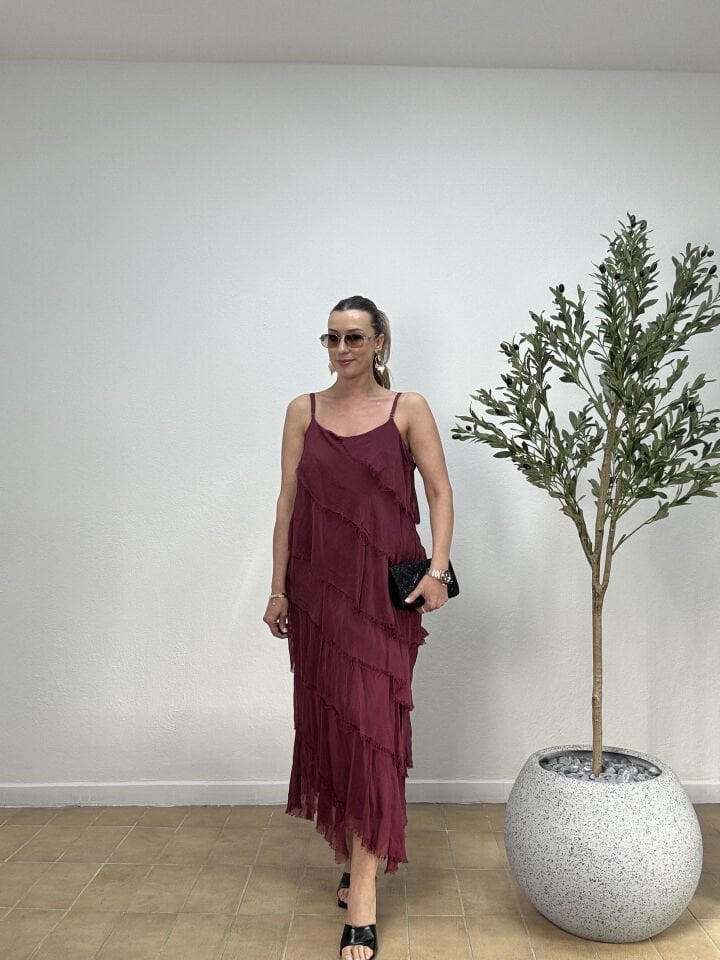 İTHAL SAÇAK DETAYLI ASİMETRİK KESİM KAT KAT ASKILI İPEK ELBİSE 67340 STD - Bordo