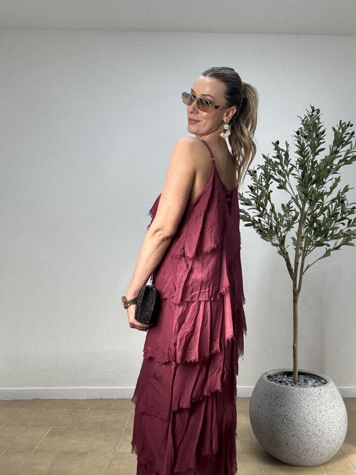 İTHAL SAÇAK DETAYLI ASİMETRİK KESİM KAT KAT ASKILI İPEK ELBİSE 67340 STD - Bordo