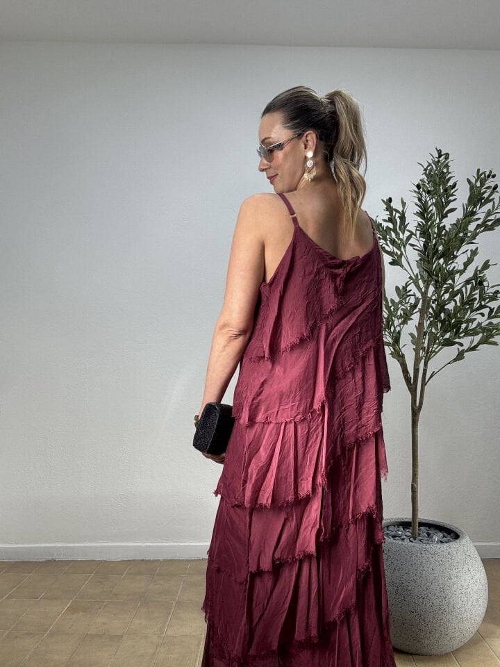 İTHAL SAÇAK DETAYLI ASİMETRİK KESİM KAT KAT ASKILI İPEK ELBİSE 67340 STD - Bordo