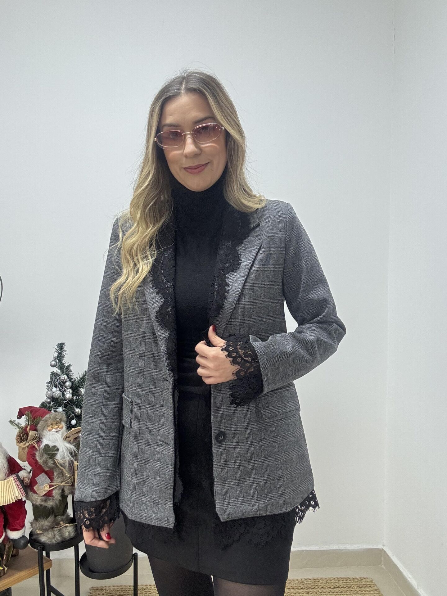 İTHAL DANTEL DETAYLI EKOSE CEKET GRİ / STD