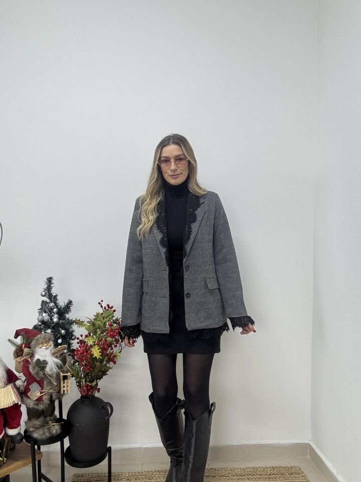 İTHAL DANTEL DETAYLI EKOSE CEKET GRİ / STD