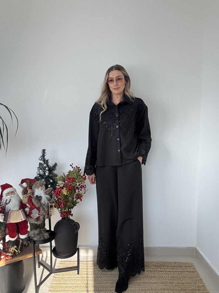 İTHAL DANTEL DETAYLI GÖMLEKLİ TAKIM SİYAH / STD