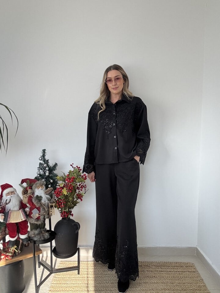 İTHAL DANTEL DETAYLI GÖMLEKLİ TAKIM SİYAH / STD