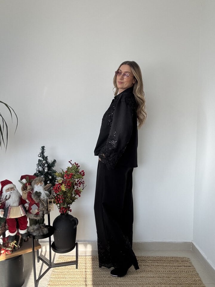 İTHAL DANTEL DETAYLI GÖMLEKLİ TAKIM SİYAH / STD