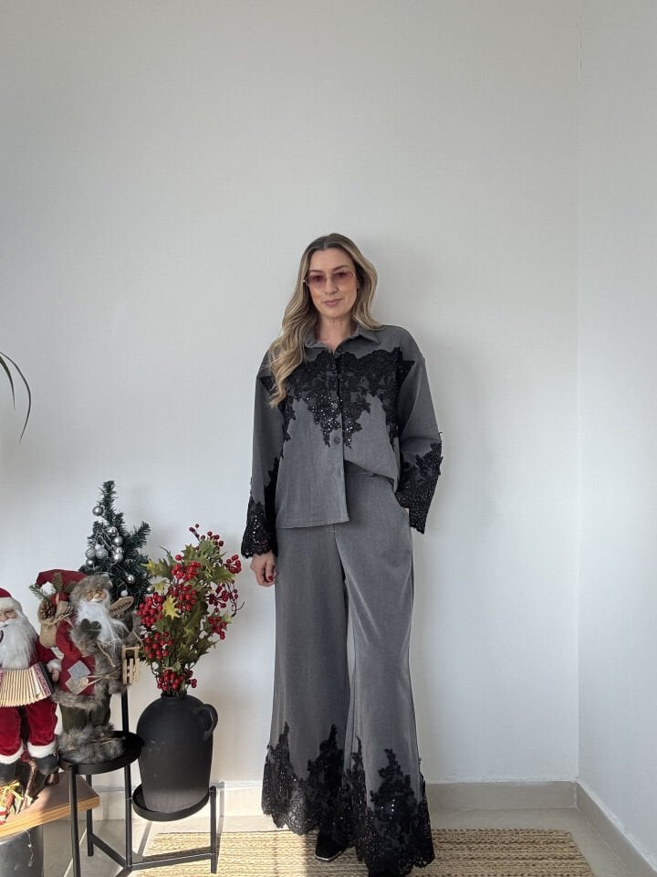 İTHAL DANTEL DETAYLI GÖMLEKLİ TAKIM GRİ / STD