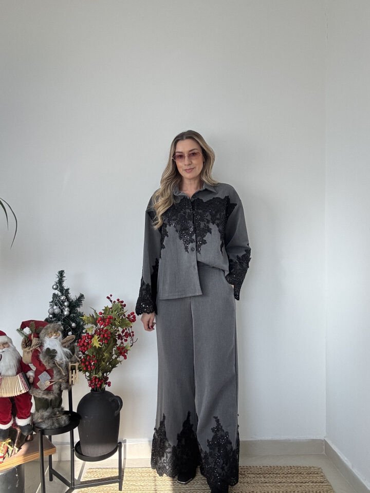 İTHAL DANTEL DETAYLI GÖMLEKLİ TAKIM GRİ / STD