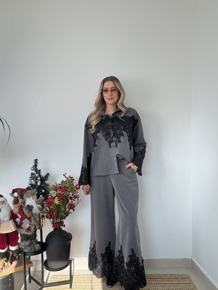 İTHAL DANTEL DETAYLI GÖMLEKLİ TAKIM GRİ / STD