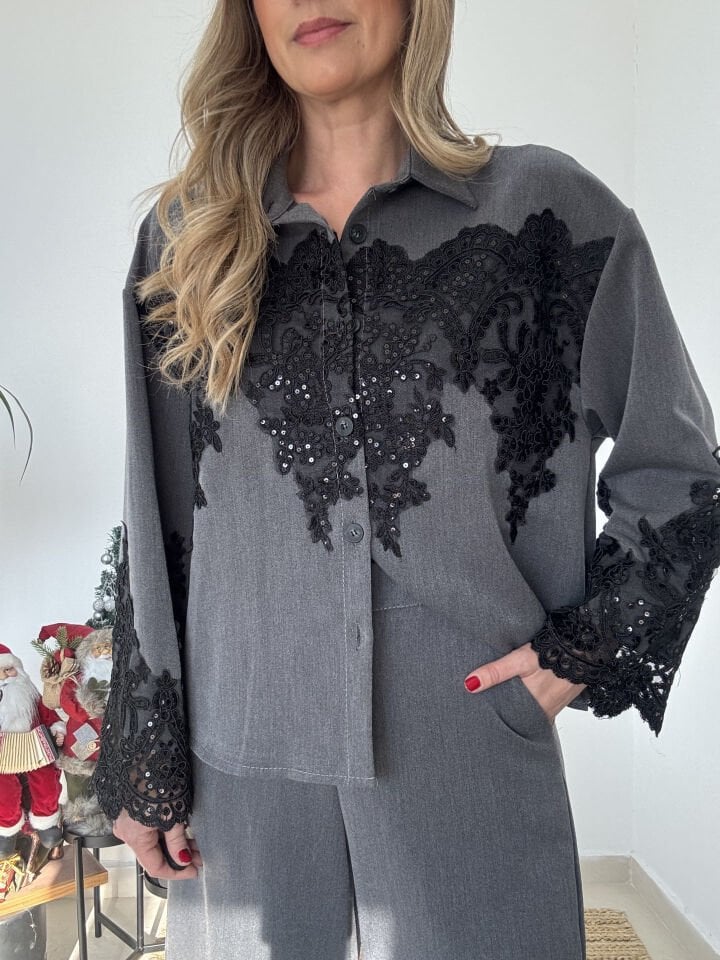 İTHAL DANTEL DETAYLI GÖMLEKLİ TAKIM GRİ / STD