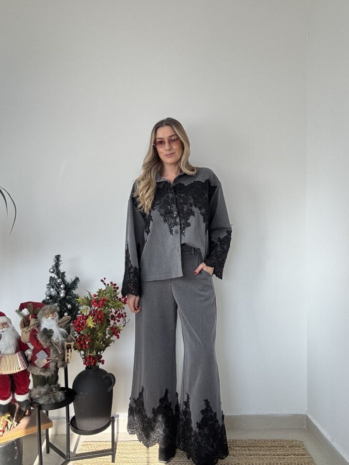 İTHAL DANTEL DETAYLI GÖMLEKLİ TAKIM GRİ / STD