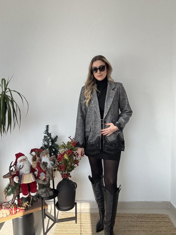 İTHAL BALIK SIRTI DANTELLİ CEKET GRİ/STD