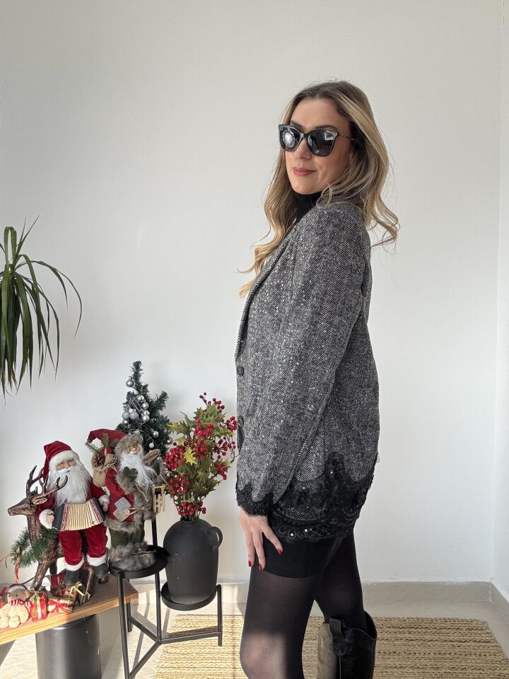 İTHAL BALIK SIRTI DANTELLİ CEKET GRİ/STD