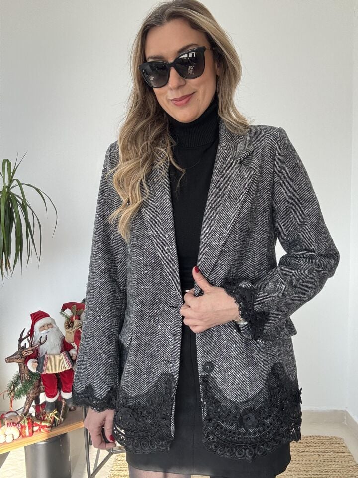 İTHAL BALIK SIRTI DANTELLİ CEKET GRİ/STD