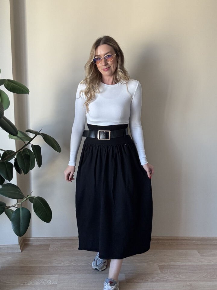 İTHAL TRİKO KEMERLİ ETEK SİYAH / S-M