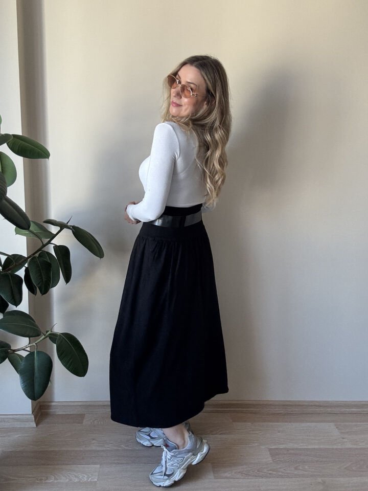 İTHAL TRİKO KEMERLİ ETEK SİYAH / S-M