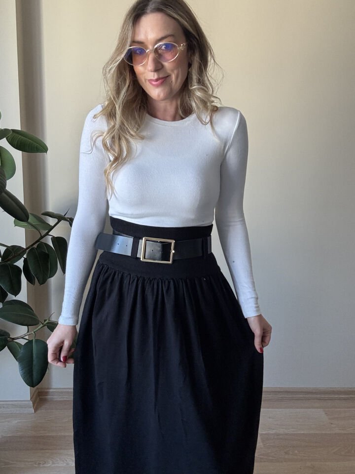 İTHAL TRİKO KEMERLİ ETEK SİYAH / S-M