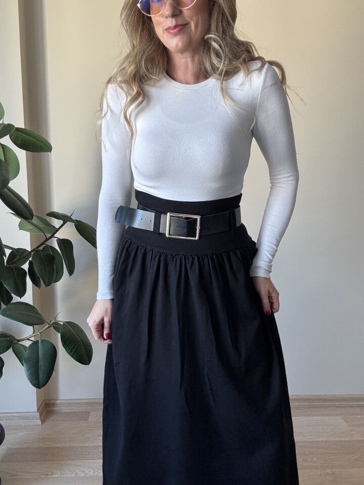 İTHAL TRİKO KEMERLİ ETEK SİYAH / S-M