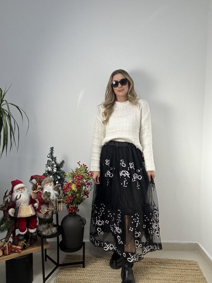 İTHAL BEYAZ PALETLİ TÜL ETEK SİYAH / STD