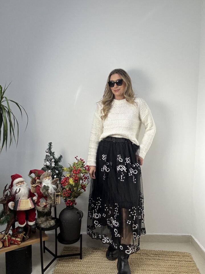 İTHAL BEYAZ PALETLİ TÜL ETEK SİYAH / STD