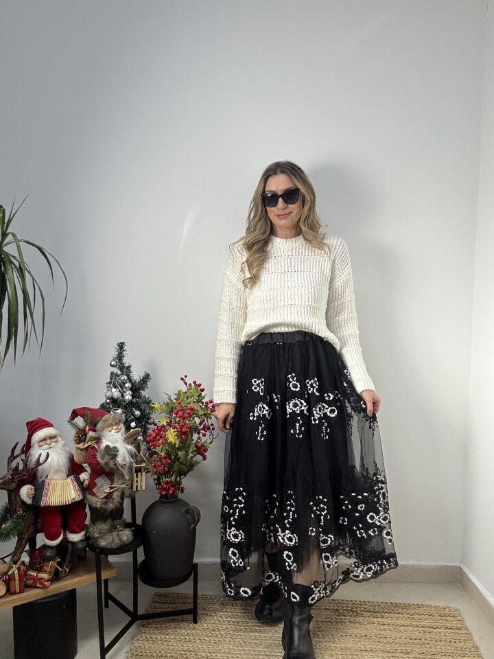 İTHAL BEYAZ PALETLİ TÜL ETEK SİYAH / STD