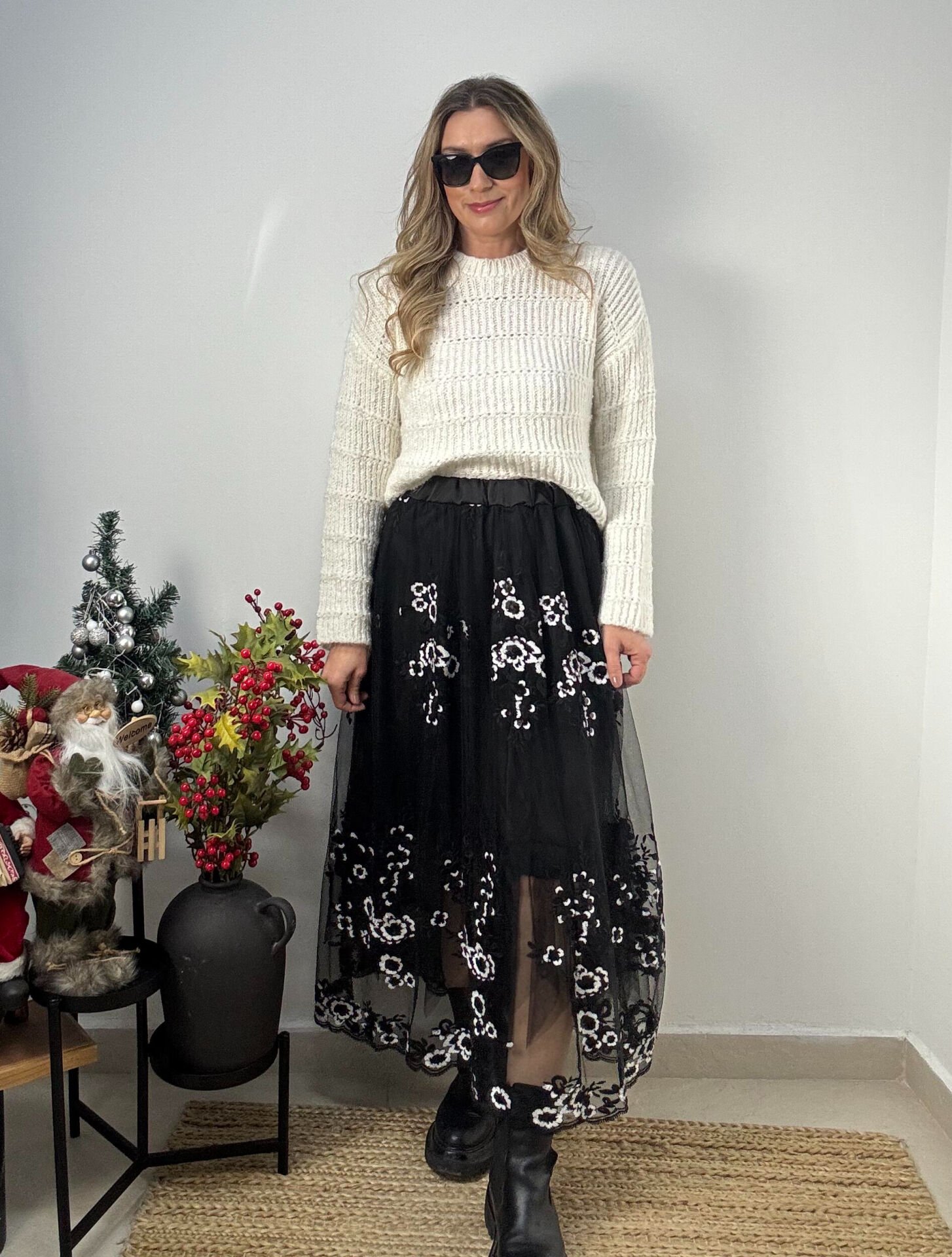 İTHAL BEYAZ PALETLİ TÜL ETEK SİYAH / STD