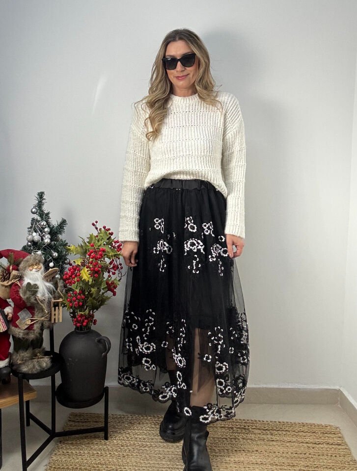 İTHAL BEYAZ PALETLİ TÜL ETEK SİYAH / STD