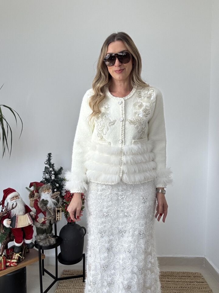 İTHAL PAYETLİ KAŞMİR KÜRKLÜ CEKET BEYAZ / STD