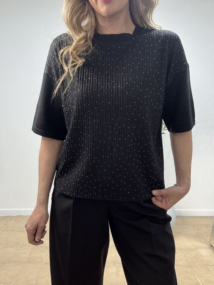 KISAKOLLU TAŞLI BLUZ SİYAH/S-M