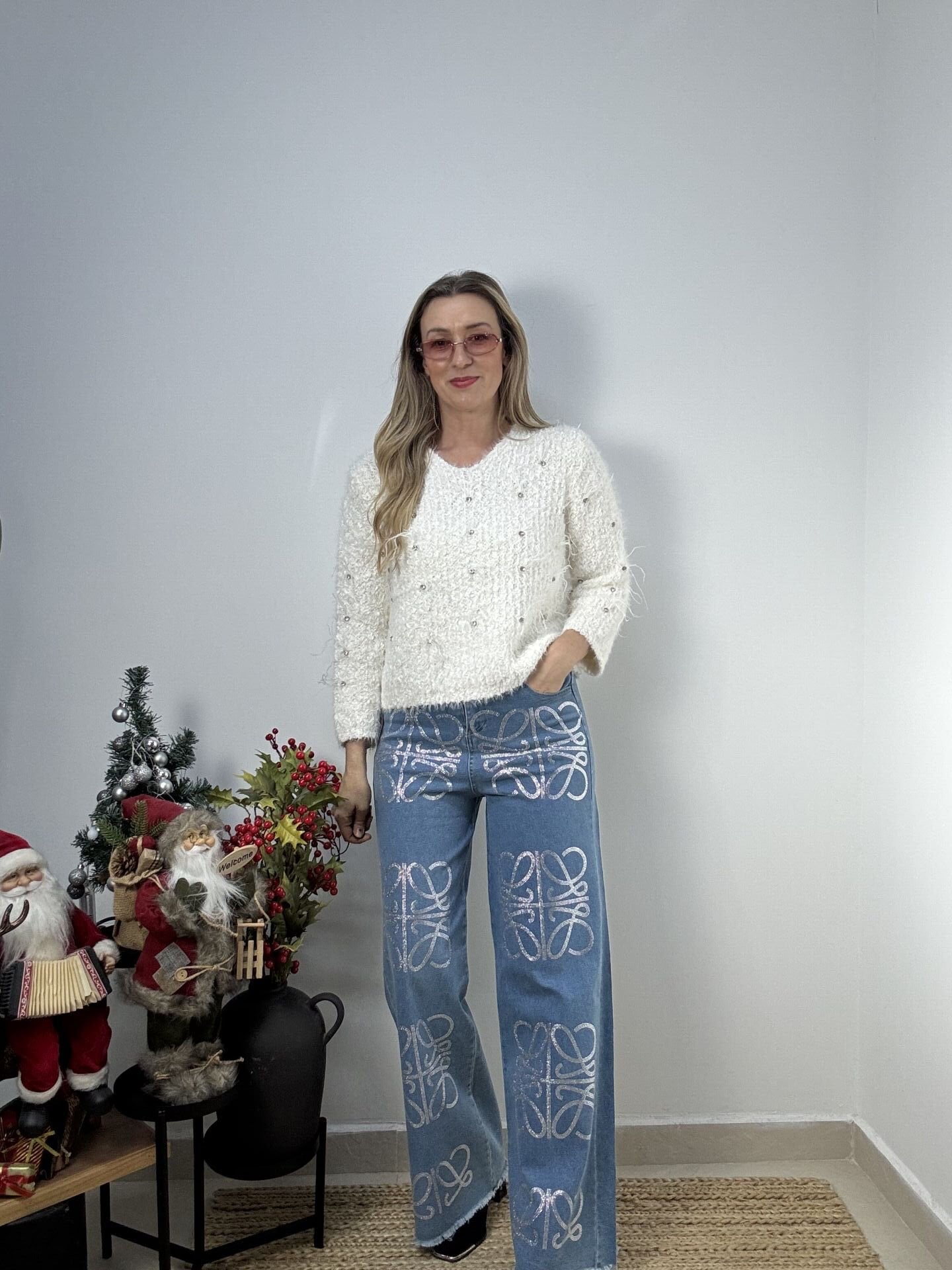 İTHAL DESENLİ TAŞLI JEAN PANTOLON MAVİ / M