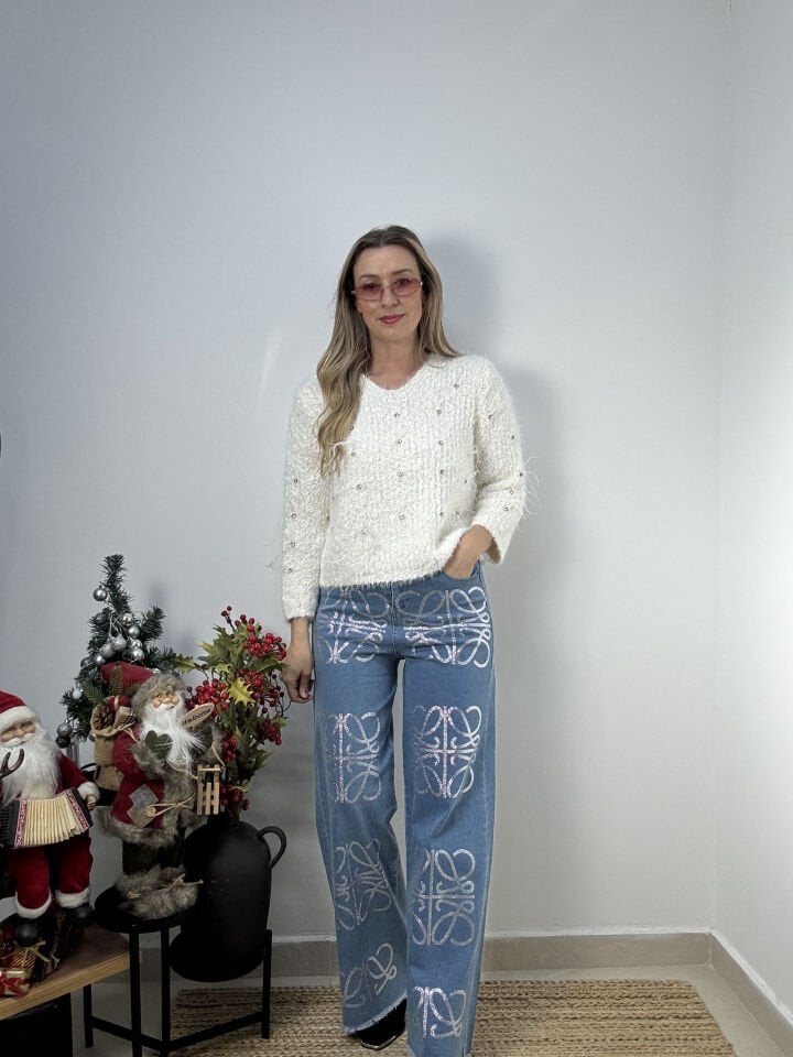 İTHAL DESENLİ TAŞLI JEAN PANTOLON MAVİ / M