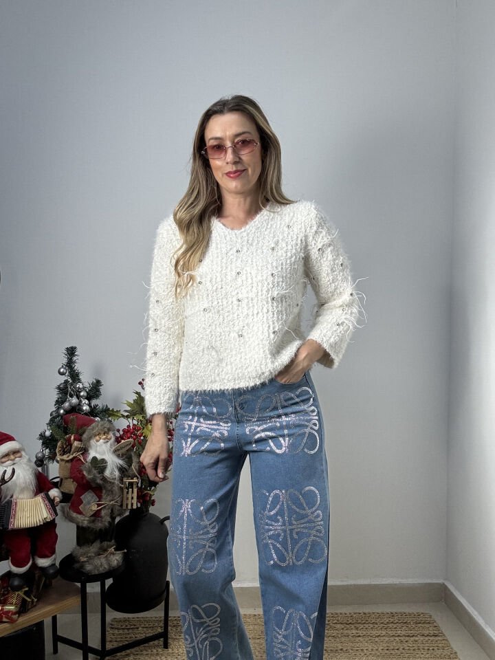 İTHAL DESENLİ TAŞLI JEAN PANTOLON MAVİ / M